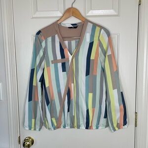 Nife Striped Geometric Colorblock Blouse Long Sleeve Modern Minimalist Top | L